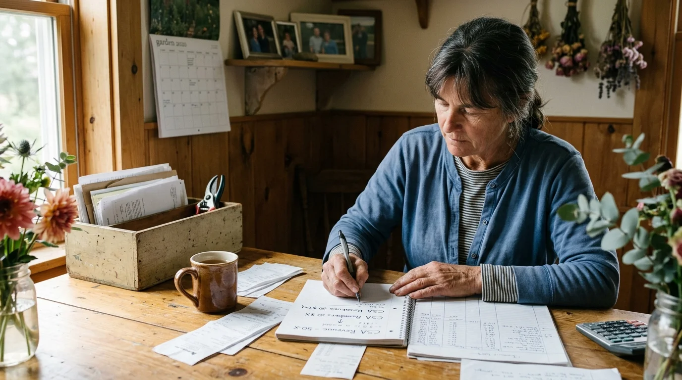 A woman sitting at a wooden table writes in a notebook beside paperwork, receipts, and cut flowers.