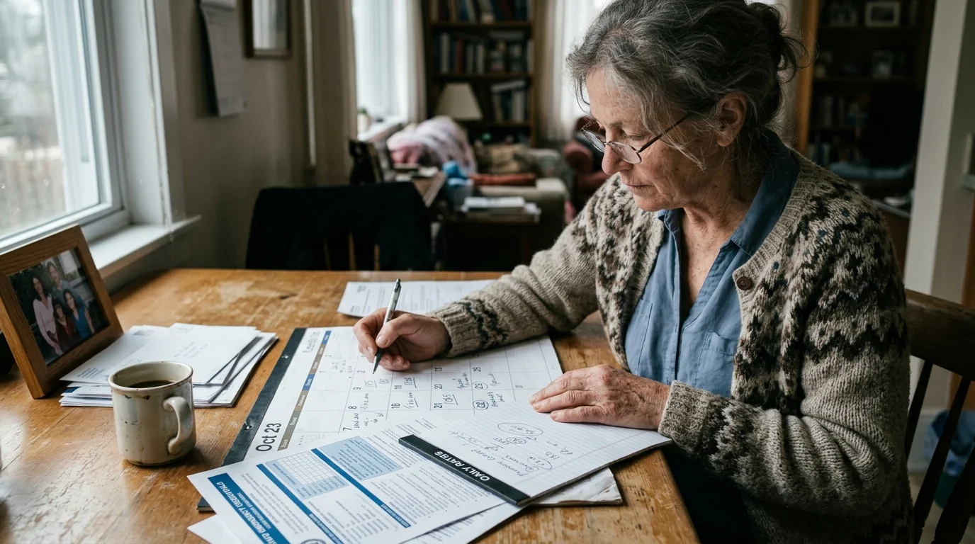 A woman with glasses sits at a wooden table, writing on a calendar beside paperwork and a mug of coffee.