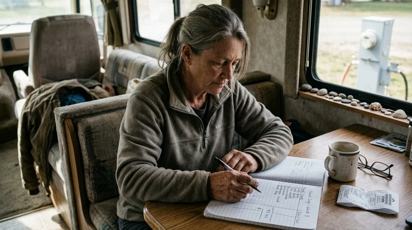 A woman sits at an RV dinette table writing in an open notebook with a coffee mug and glasses nearby.