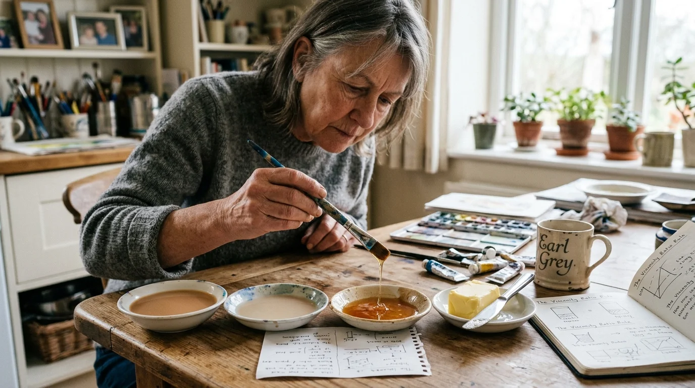 A woman paints at a wooden table with small bowls containing tea, milk, honey-like liquid, and butter.