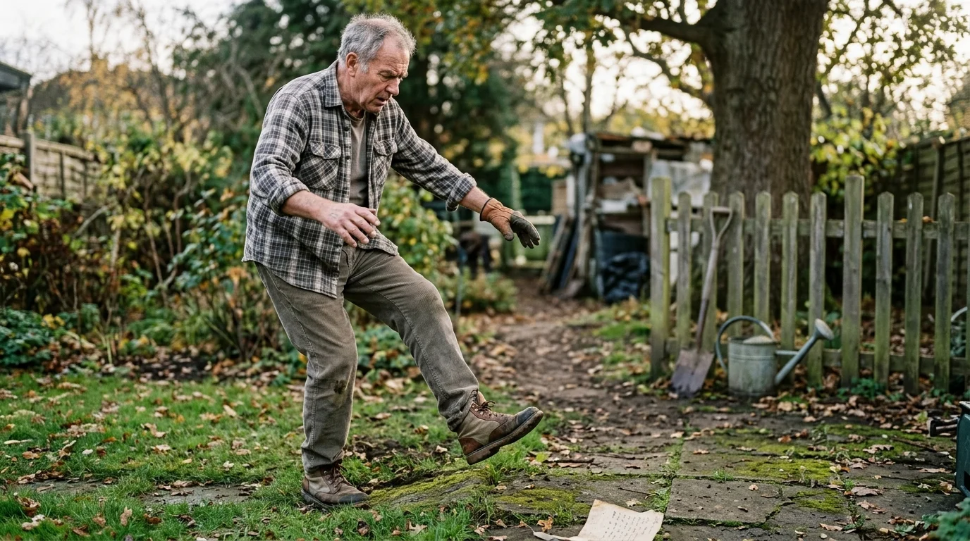 An older man in a plaid shirt stumbles while stepping across uneven mossy stone pavers in a backyard garden.