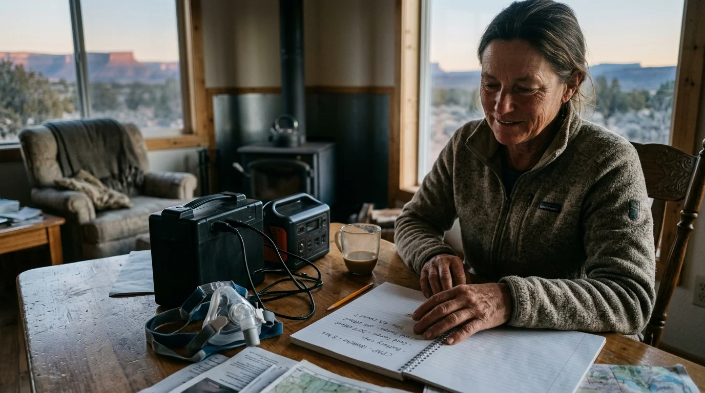 A woman sits at a wooden table writing in a notebook near portable batteries, a CPAP mask, and a coffee mug.