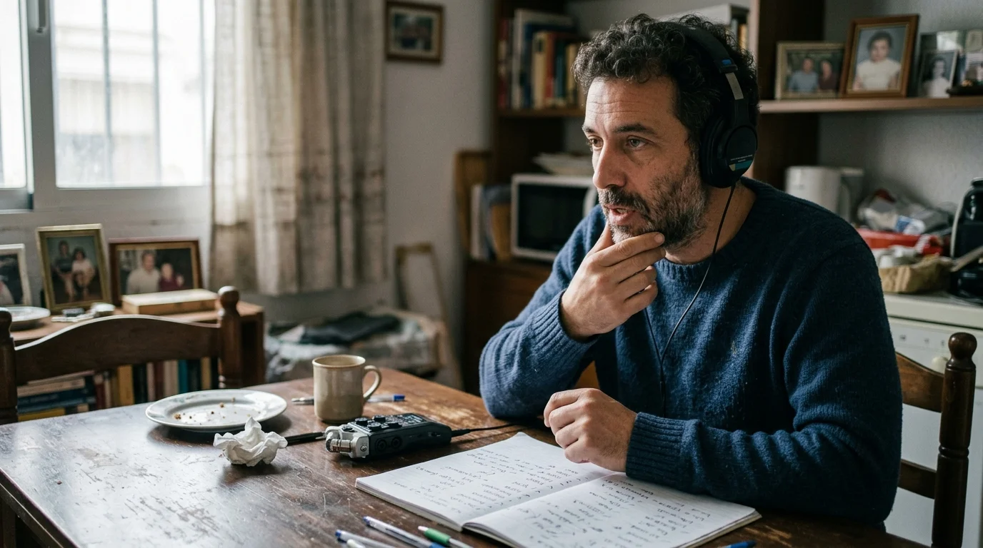 A bearded man wearing headphones sits at a wooden table with an open notebook, audio recorder, and coffee mug.