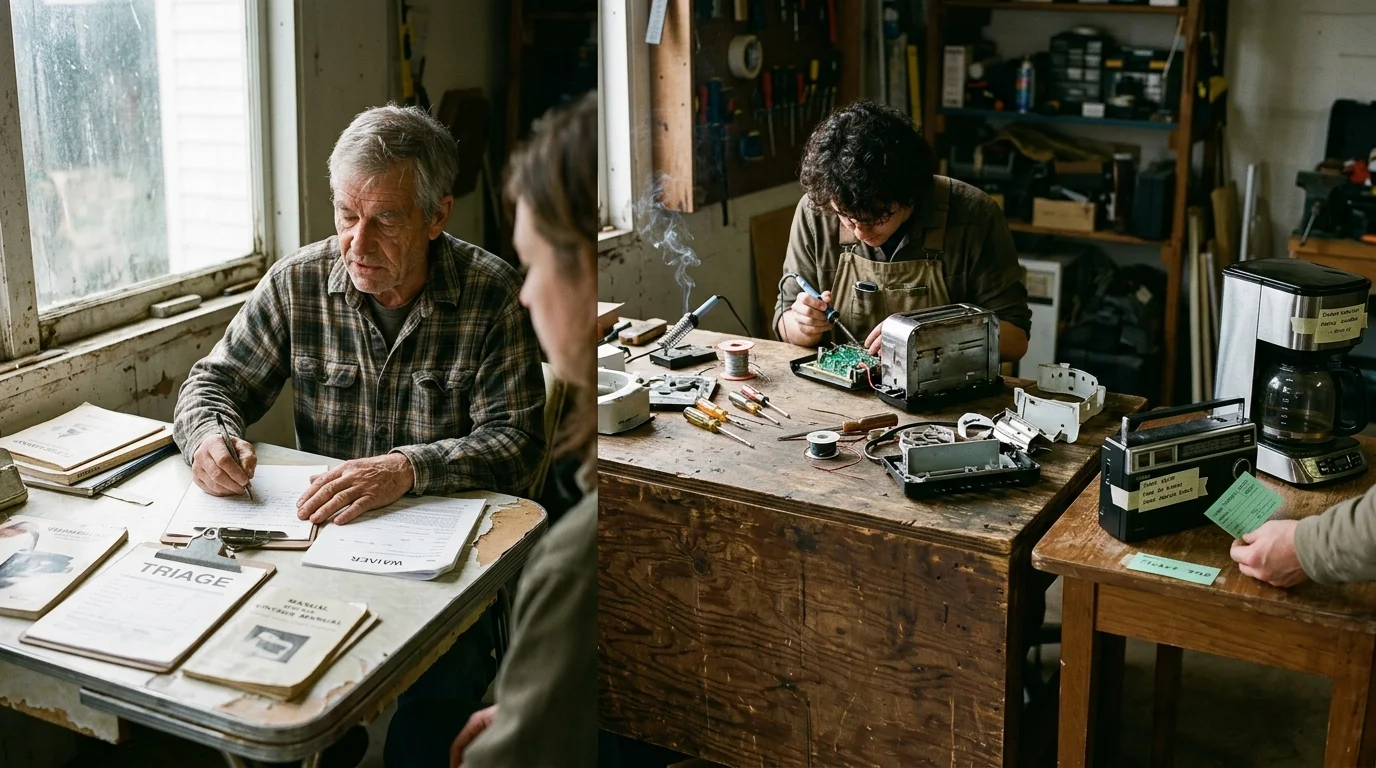 A man fills out triage paperwork at a desk beside a technician soldering an appliance at a workshop bench.