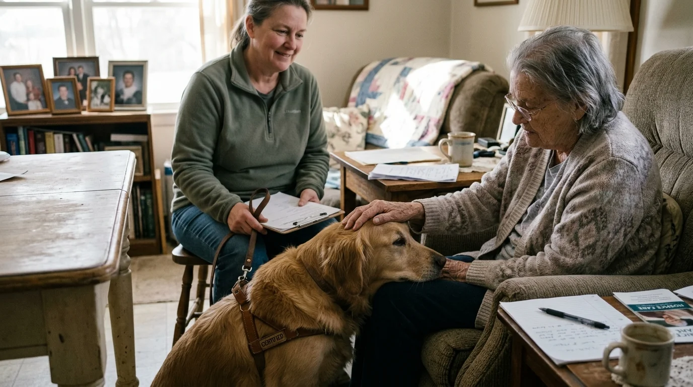 An elderly woman sitting in an armchair pets a golden retriever while a visiting woman smiles nearby holding a clipboard.