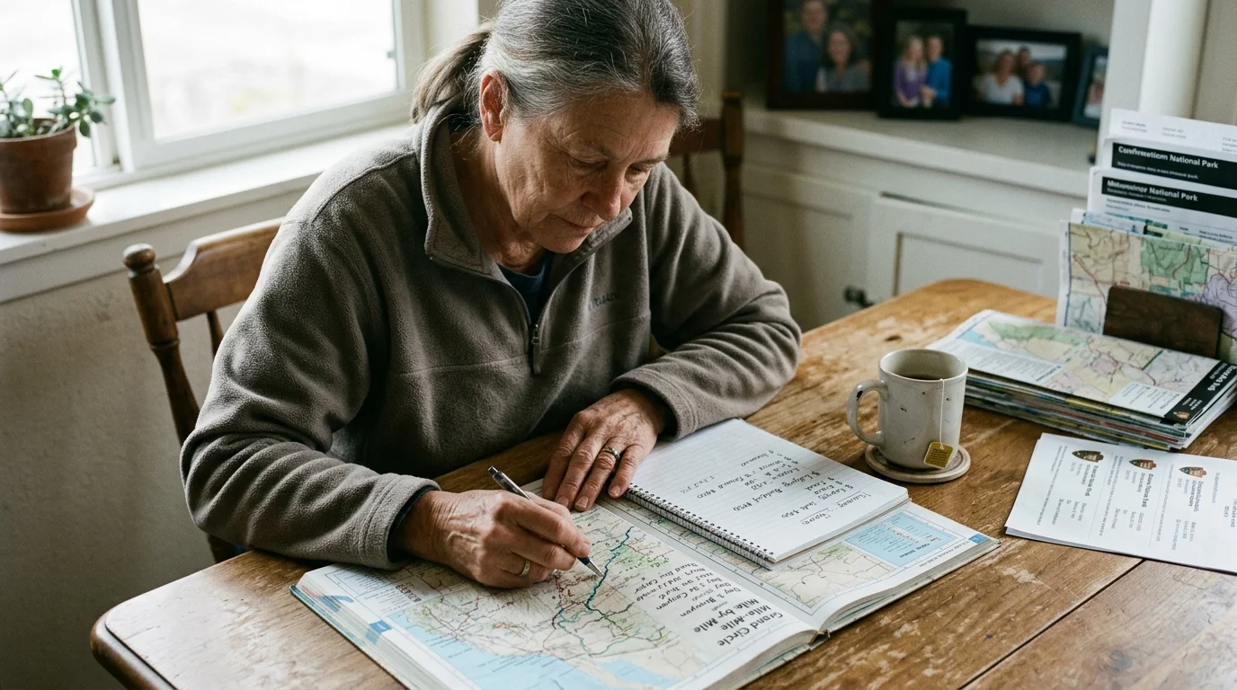 A woman sits at a wooden table with a mug of tea, writing notes in a spiral notebook beside an open road atlas.
