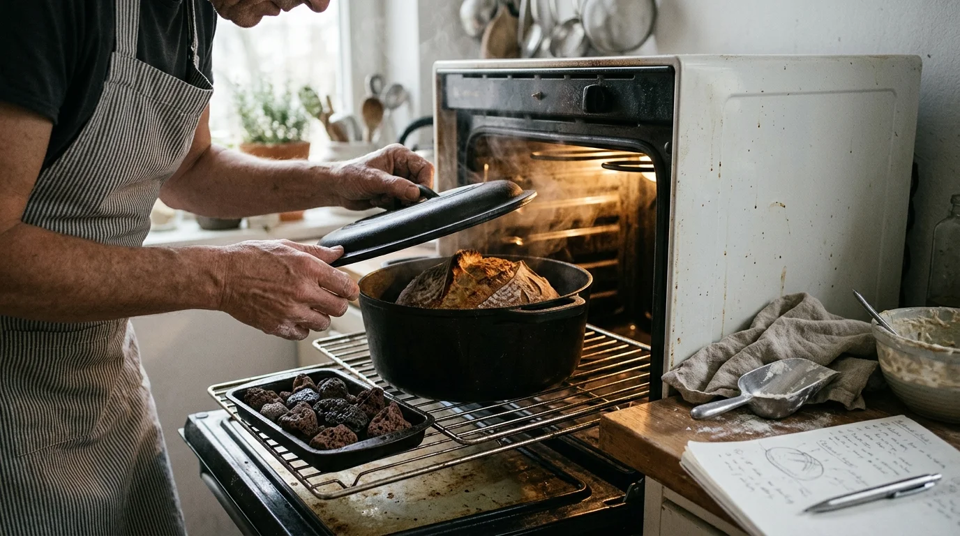 A baker lifts the lid from a steaming Dutch oven inside a countertop oven, revealing a baked loaf of sourdough bread.
