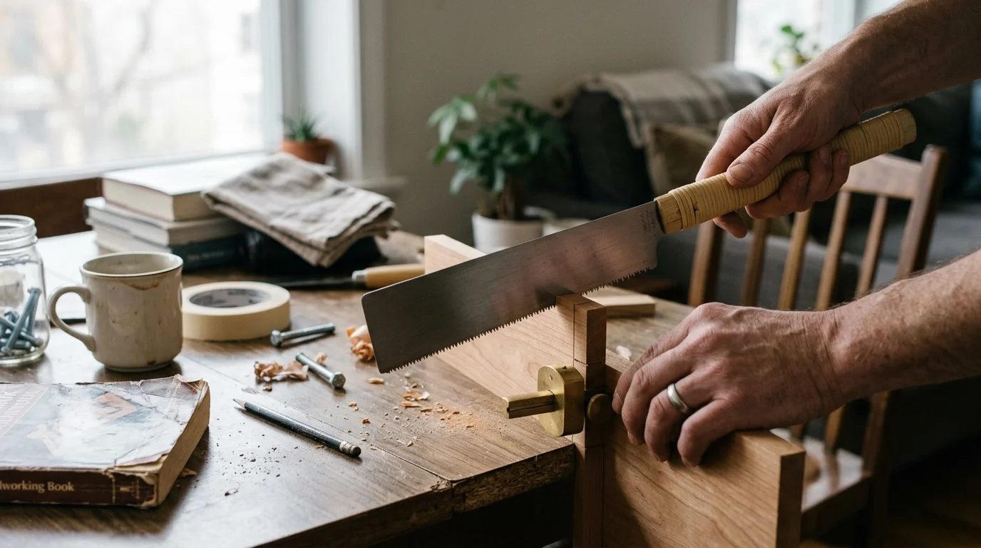 A person using a Japanese pull saw to cut a piece of wood clamped to an apartment dining table.