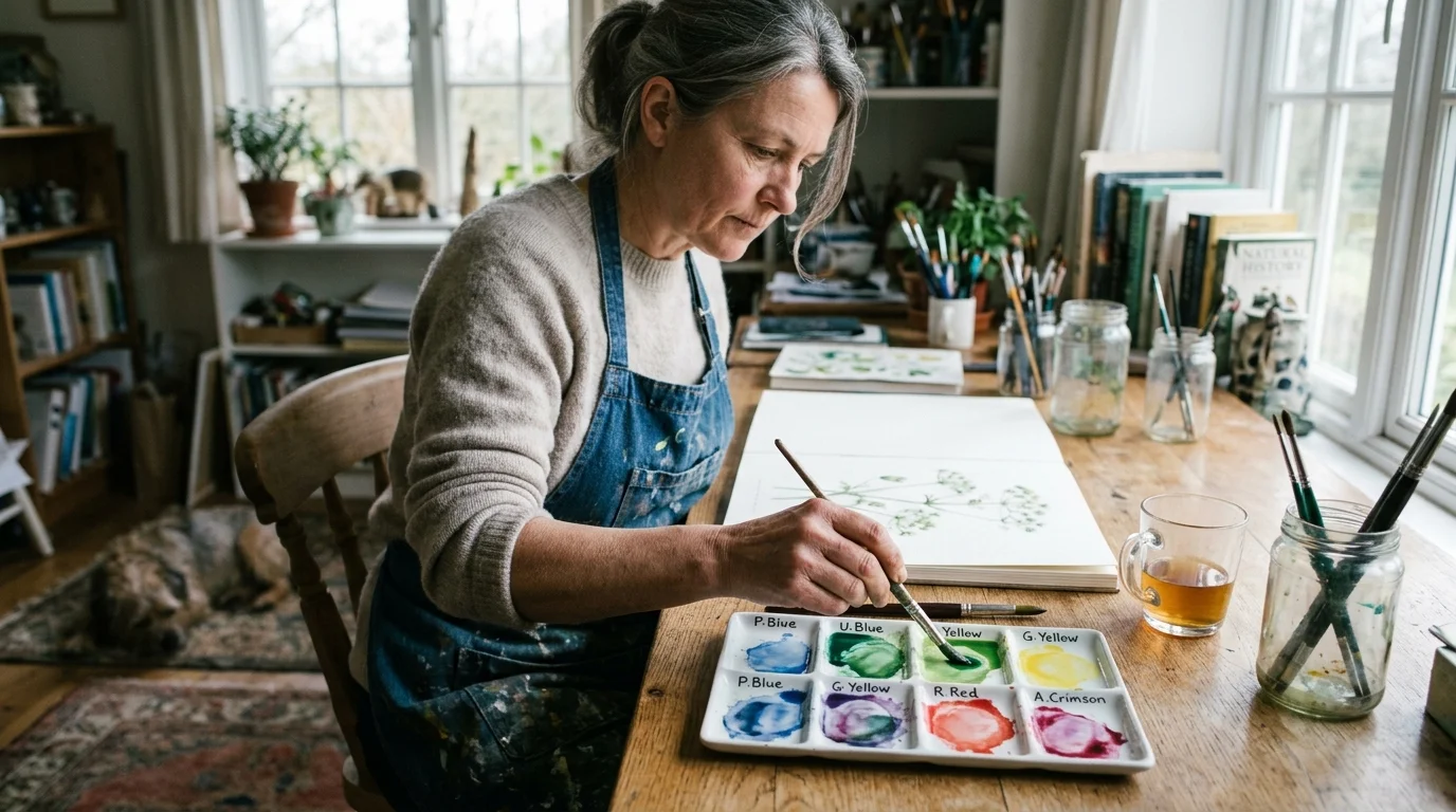 A woman mixing green watercolor paint on a labeled ceramic palette while painting a botanical illustration at a desk.