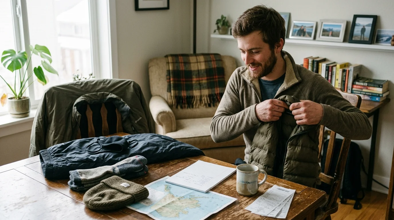 A man sits at a wooden table examining a green down vest alongside warm socks, a knit beanie, and travel maps.