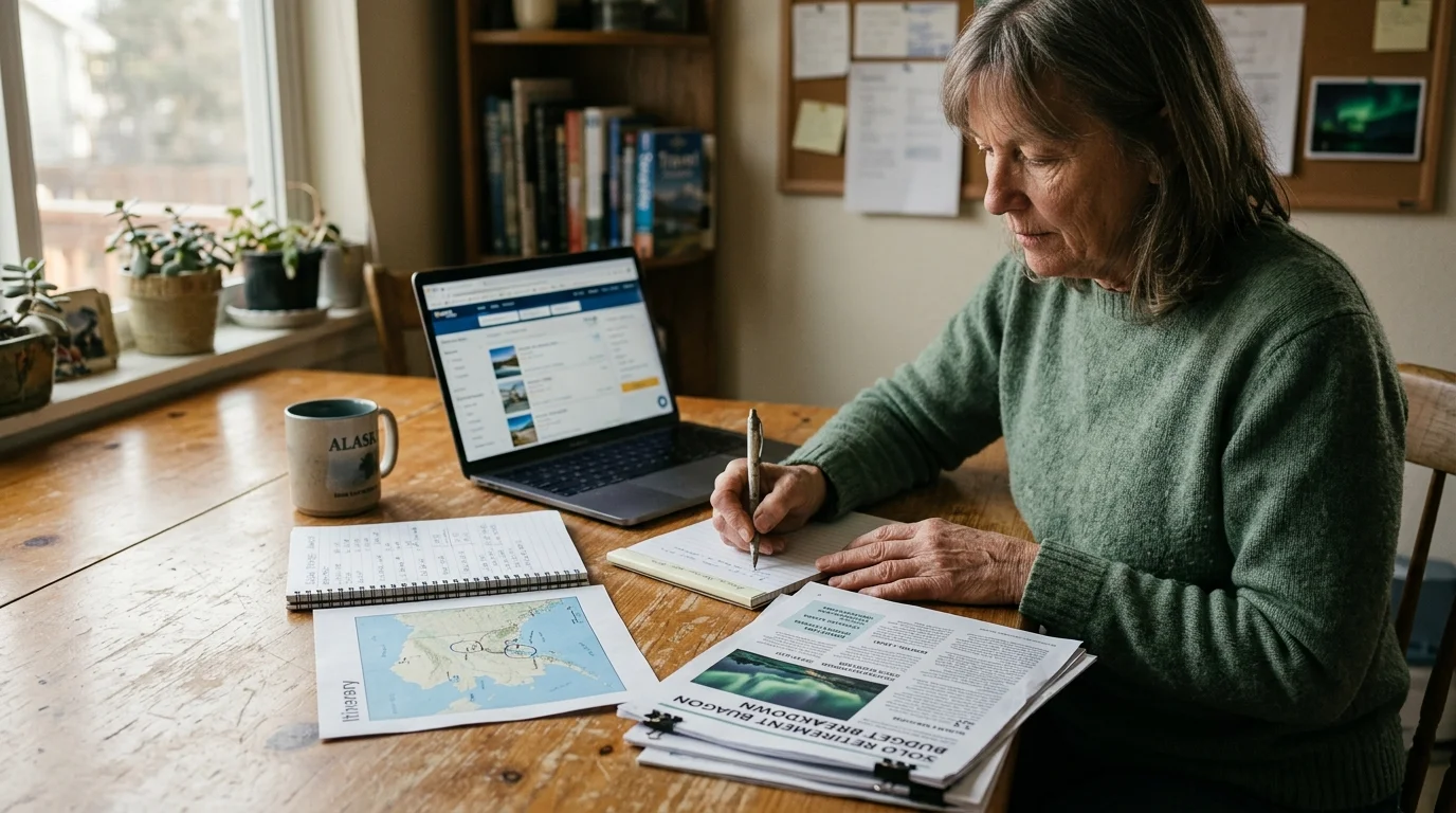 A woman writes in a notebook at a wooden table beside an open laptop, printed budget papers, and a map.
