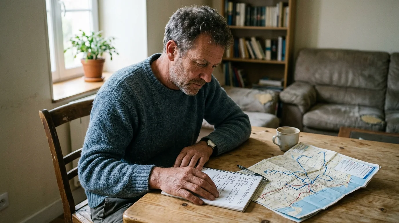 A man sitting at a wooden table examines a notebook beside a folded map and a coffee mug indoors.