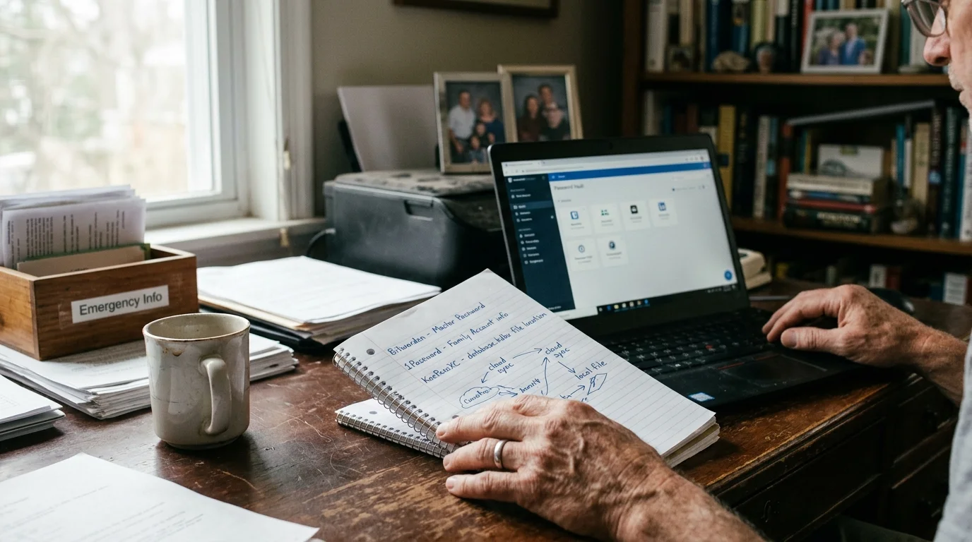 Person sitting at a desk with an open laptop, holding a spiral notepad with handwritten notes beside an Emergency Info box.