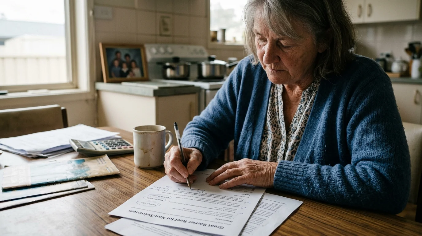 Older woman in a blue cardigan sitting at a kitchen table writing on paperwork beside a calculator and coffee mug.