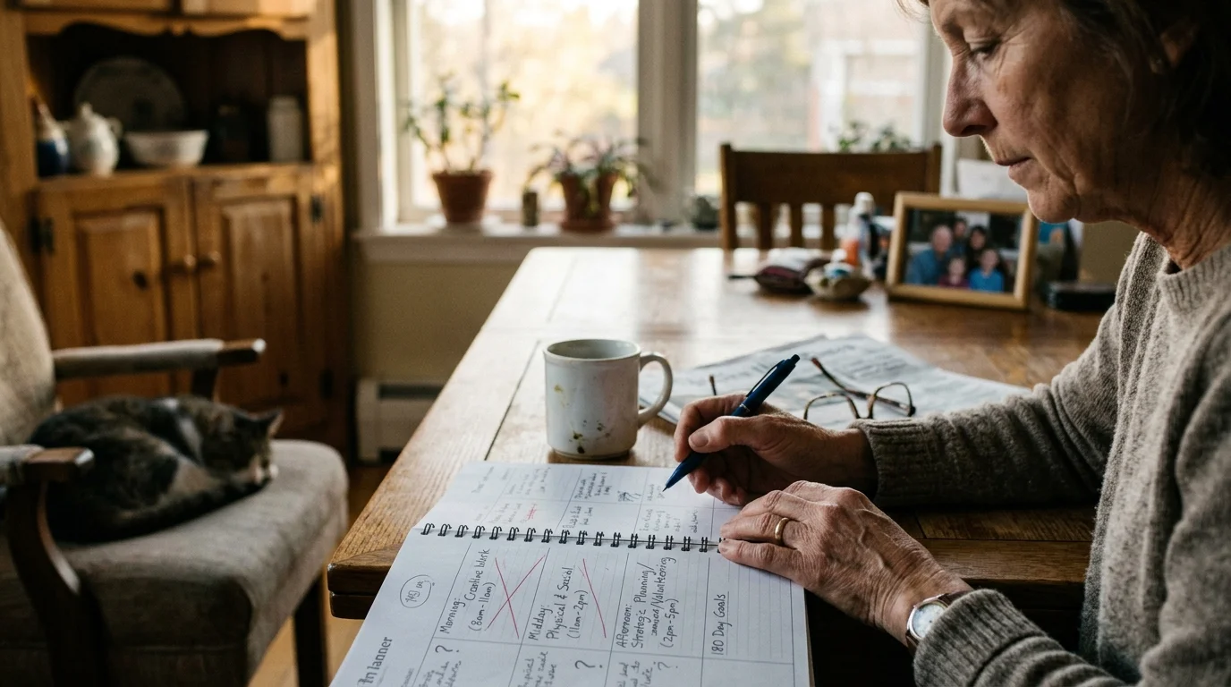 A person sits at a wooden dining table writing in an open daily planner near a coffee mug and a sleeping cat.