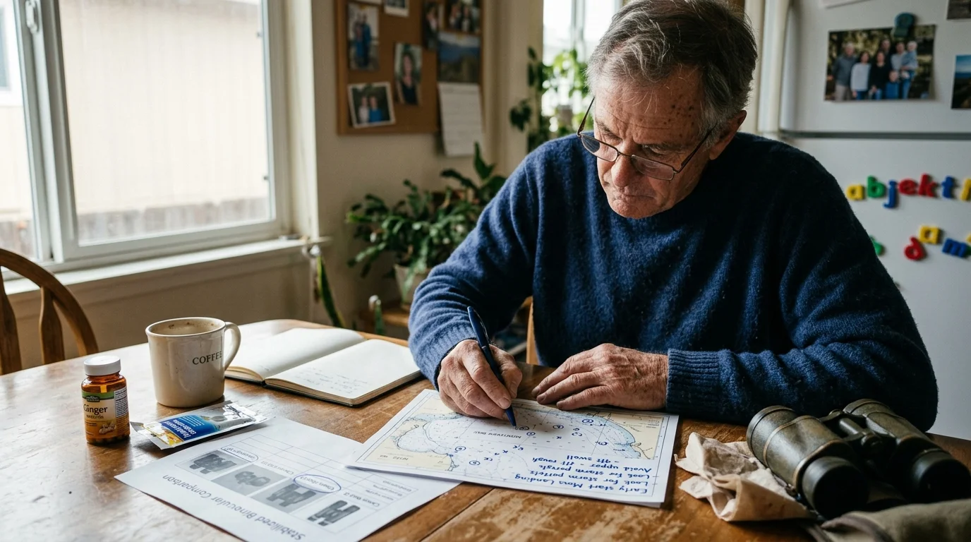 An older man with glasses reviews nautical charts and notes at a table next to binoculars and a pill bottle.