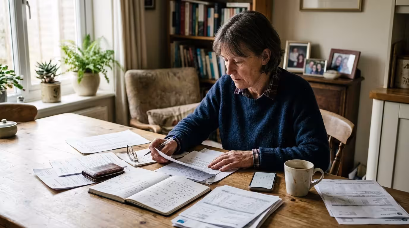 A woman sits at a wooden dining table reviewing paperwork, an open notebook, and bills alongside a coffee mug.