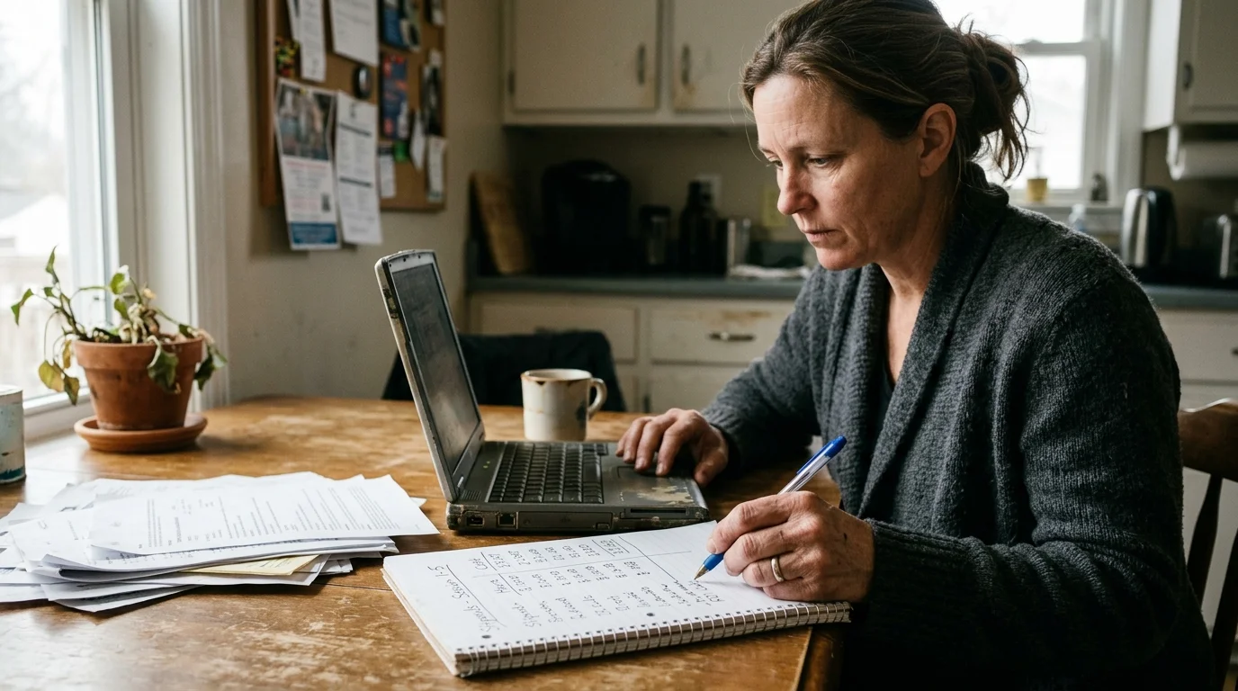 A woman sits at a wooden table with a laptop, writing notes in a spiral notebook beside paperwork.
