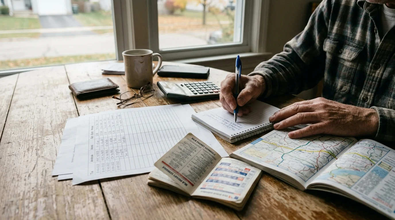 A man writing in a notebook beside an open map, budget spreadsheet, calculator, and mug on a wooden table.