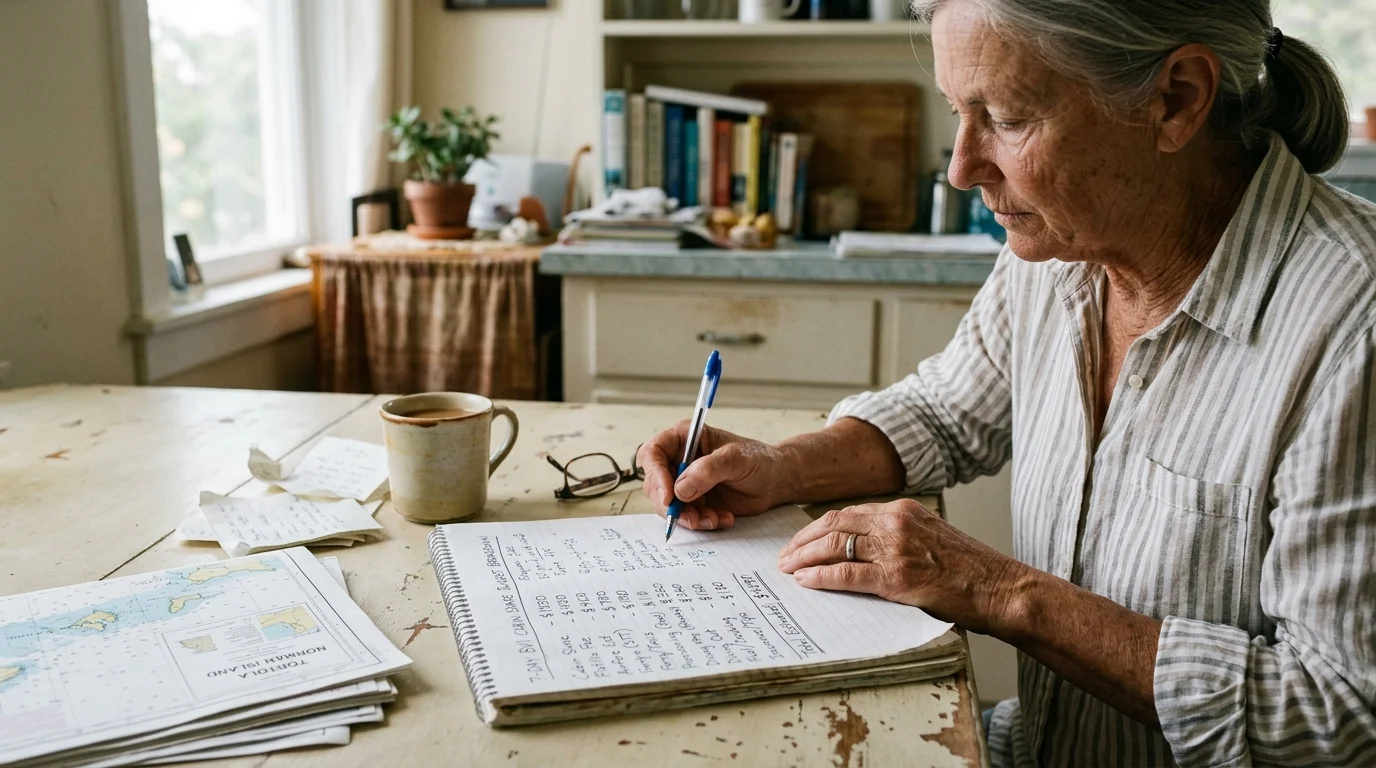 A senior woman writes in a notebook at a rustic table beside nautical charts, reading glasses, and a mug.