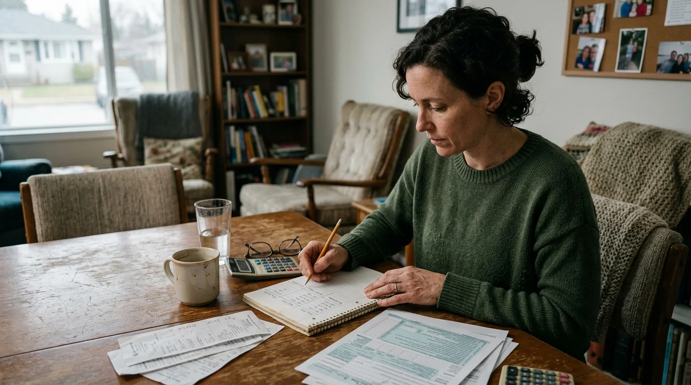 A woman sitting at a dining table writing in a ledger surrounded by receipts, calculators, and tax forms.