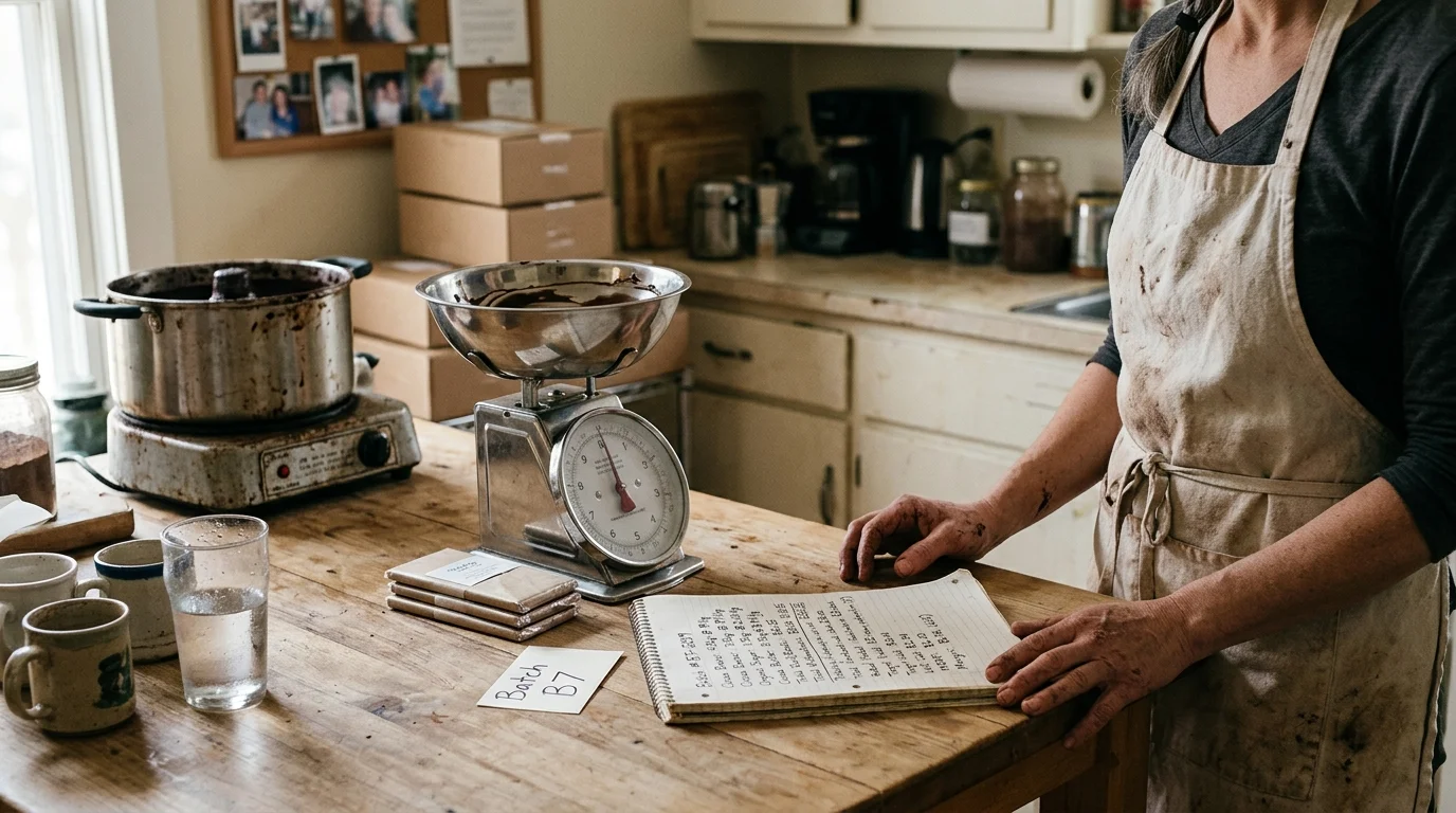 A chocolatier in a stained apron stands by a wooden table with a mechanical scale, pot, wrapped bars, and handwritten notebook.