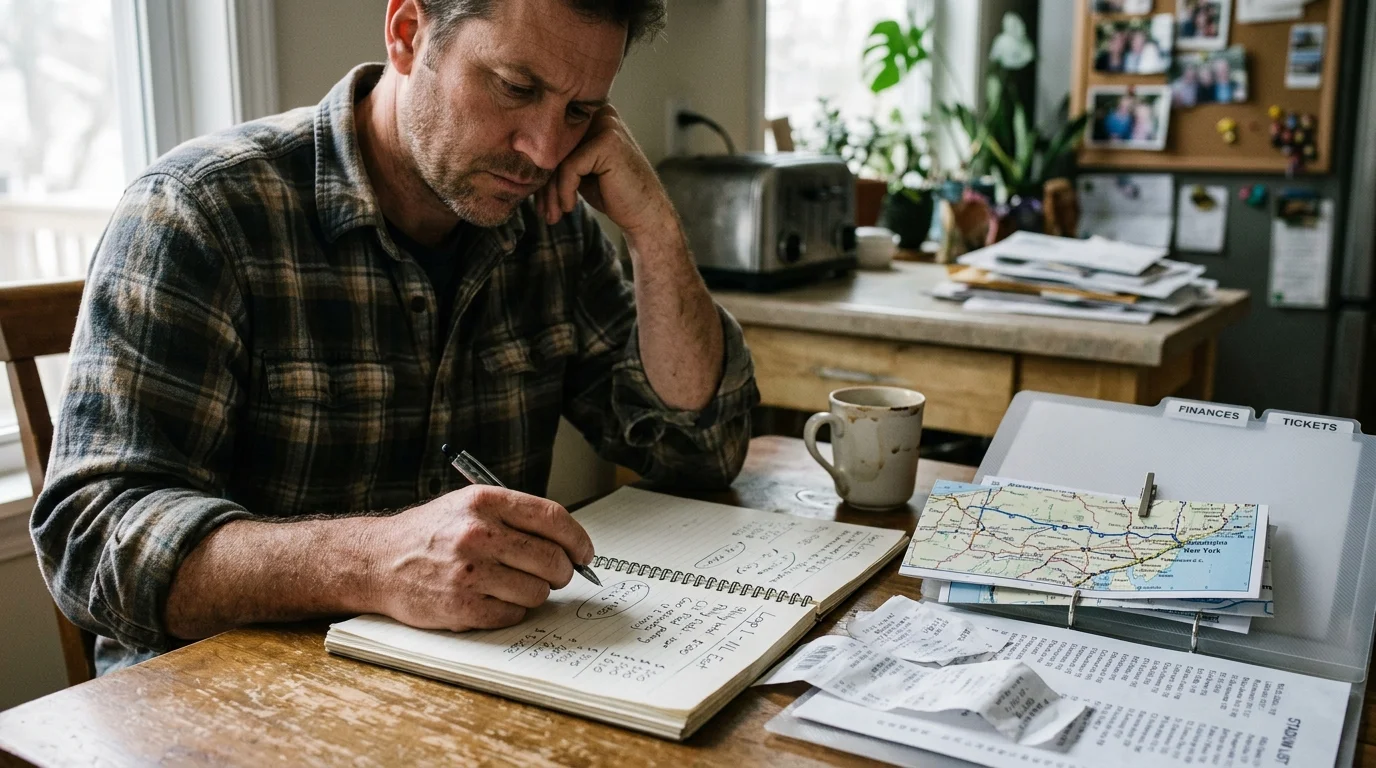 A man sits at a kitchen table writing budget notes in a spiral notebook beside receipts and a road map.