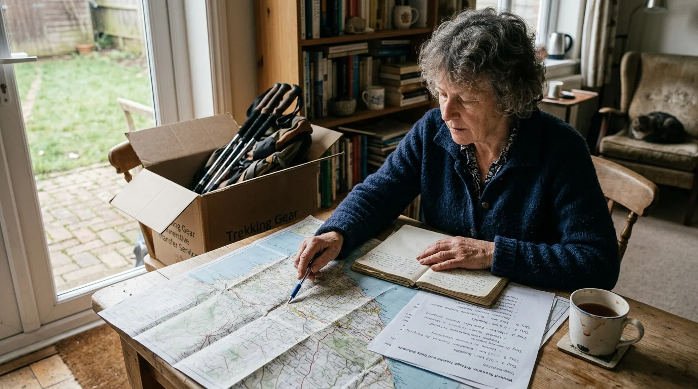A woman sits at a wooden table reviewing an open map, notebook, and papers near trekking poles packed in a cardboard box.