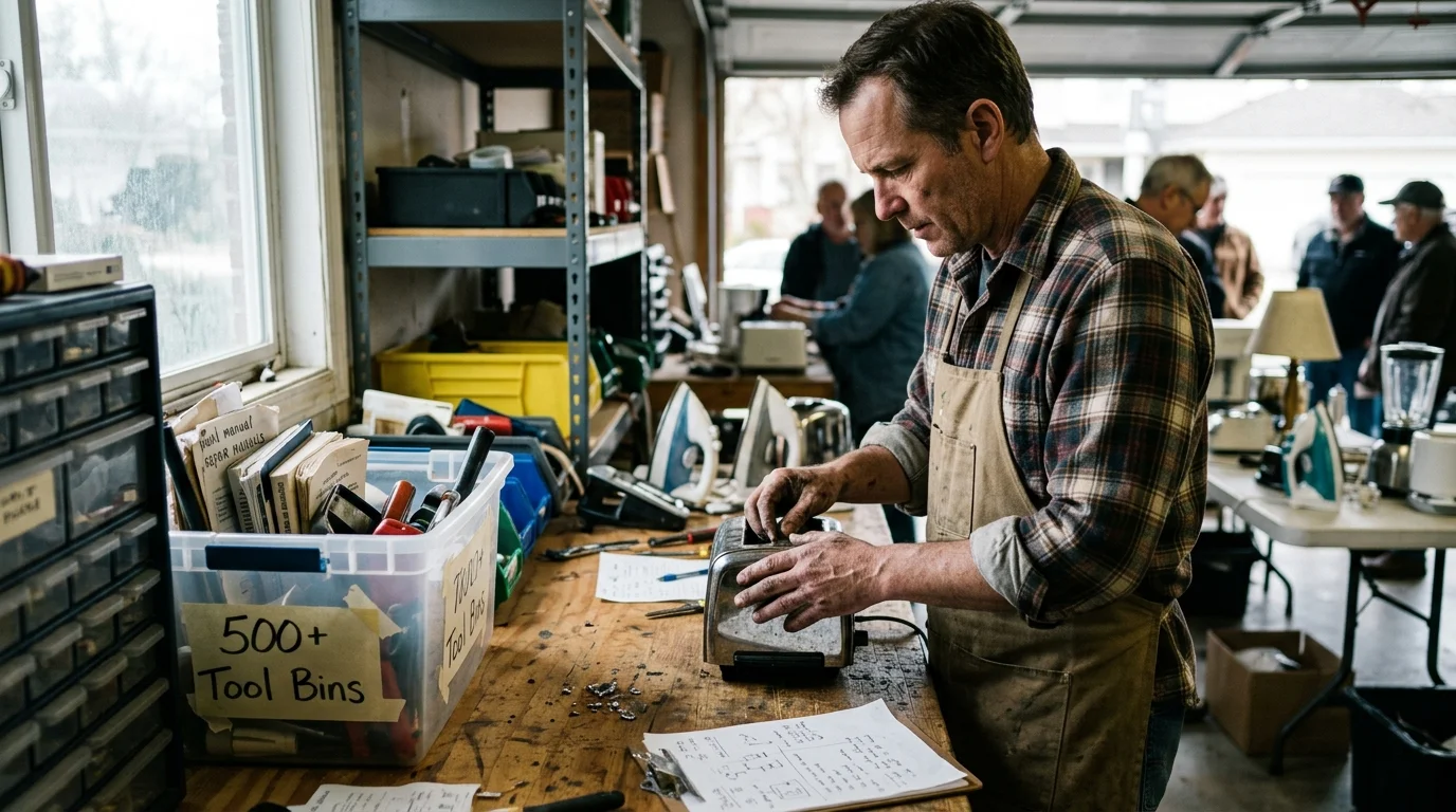 A man wearing an apron inspects a toaster on a crowded workbench inside a bustling garage repair workshop.