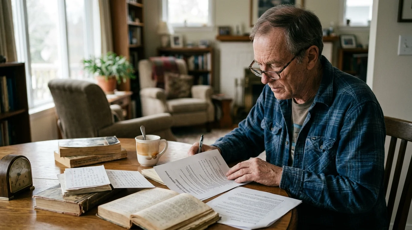 Older man wearing glasses and a blue plaid shirt reading papers at a table with books, notes, and a clock.