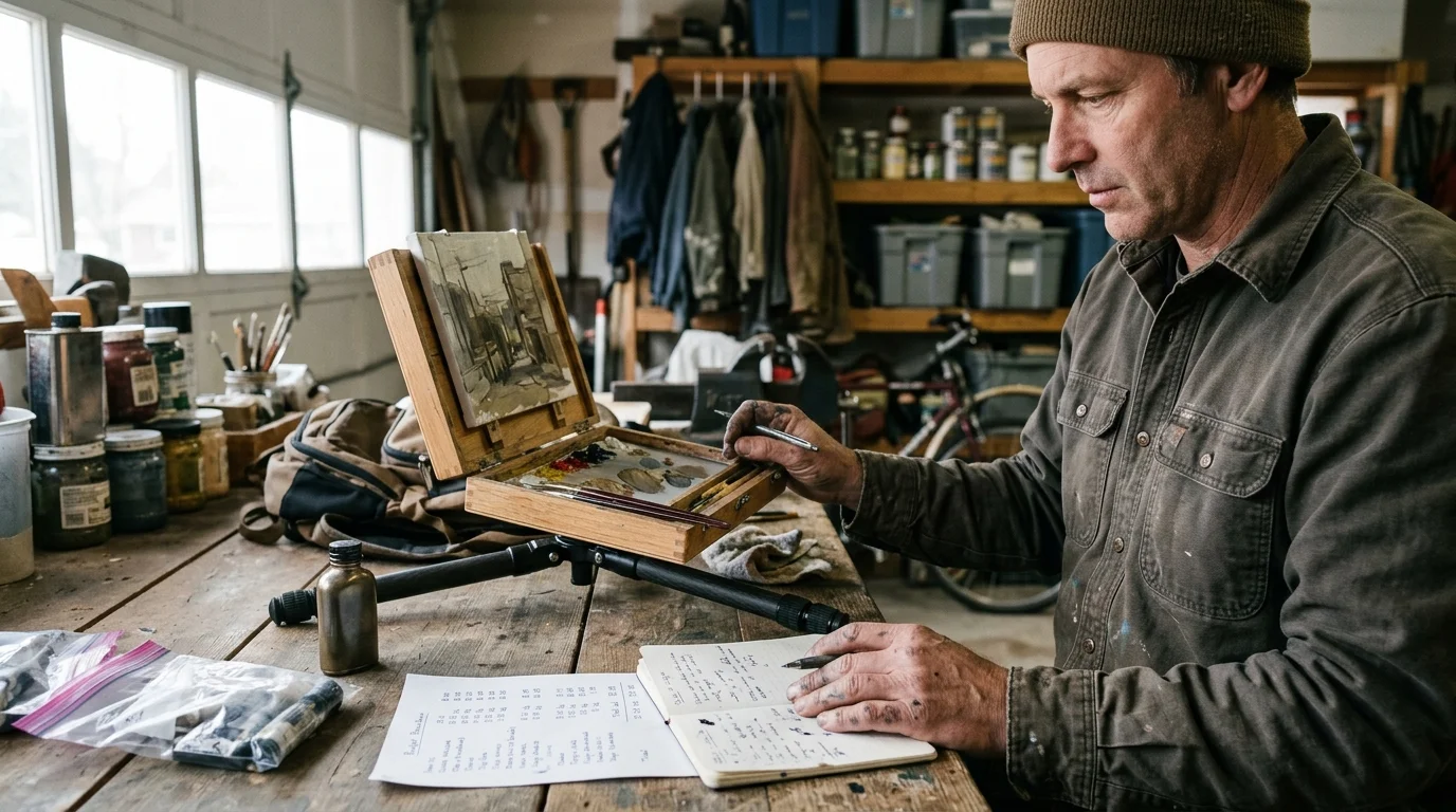 A man in a knit beanie reviews handwritten notes next to a small wooden pochade box mounted on a tabletop tripod.