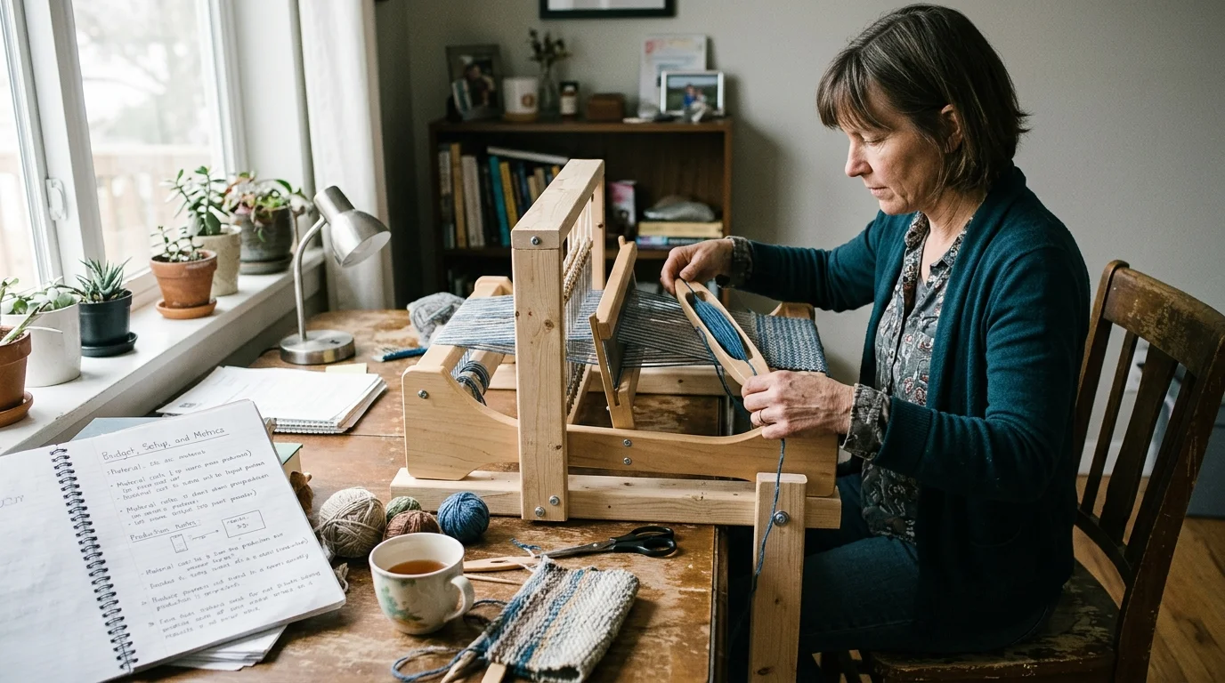 A woman weaving blue yarn on a wooden tabletop rigid heddle loom set up beside a notebook and tea mug.