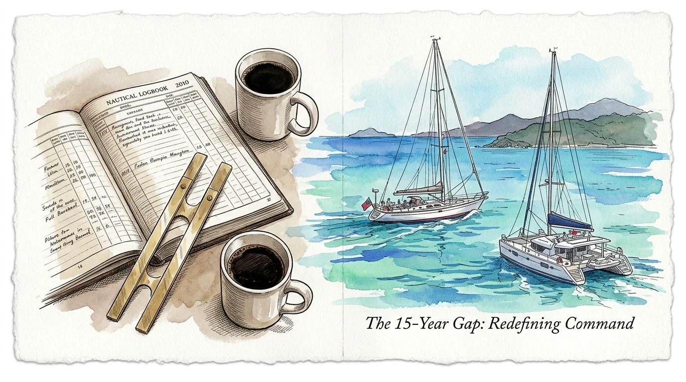 Split watercolor illustration of an open 2010 nautical logbook with coffee cups beside sailboats cruising on tropical water.
