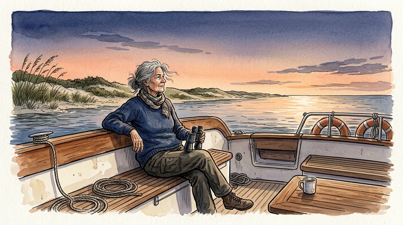 Watercolor illustration of a senior woman sitting on a boat deck holding binoculars at sunset near a grassy coastline.