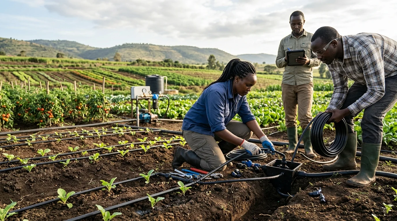 Three farmers installing black irrigation tubing and connections in a vegetable field with green hills behind them.