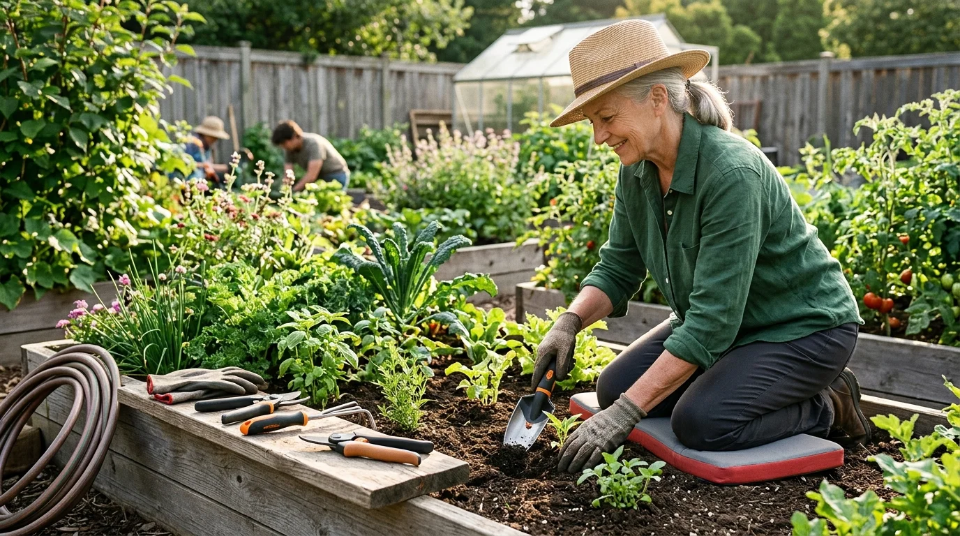 Smiling woman in a straw hat kneels on a pad beside a raised garden bed, tending plants with a hand trowel.