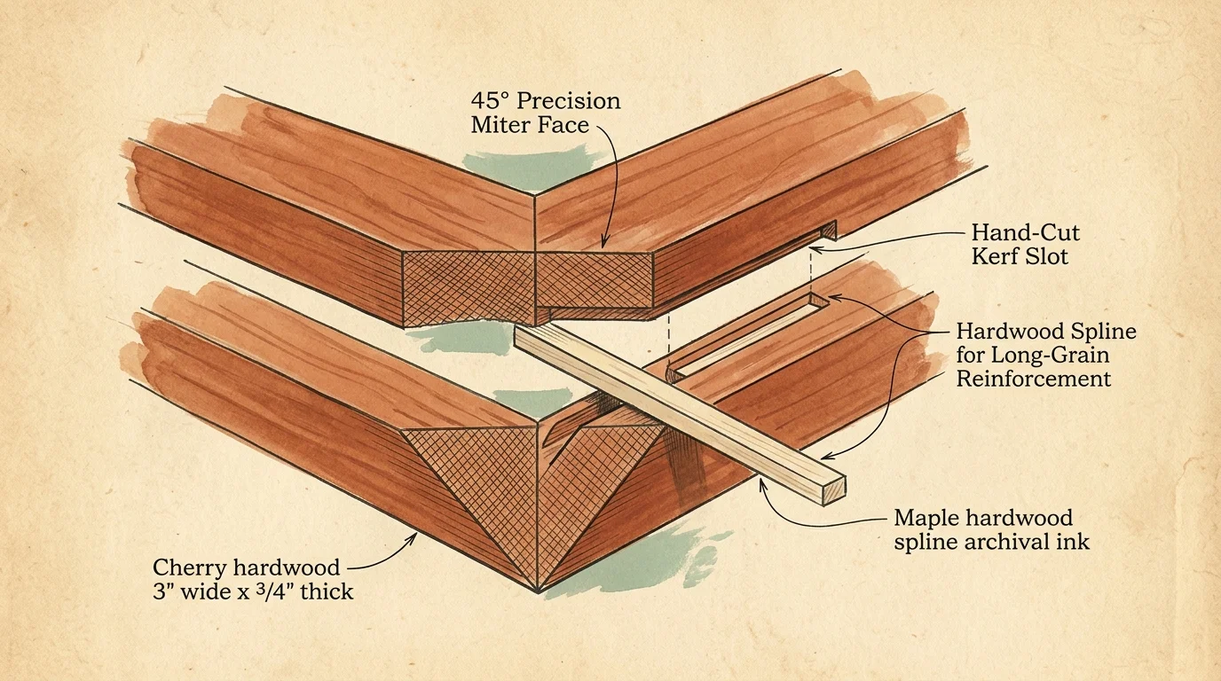 Diagram of an exploded miter joint showing wood corners, cut slots, and an inserted hardwood spline with technical labels.
