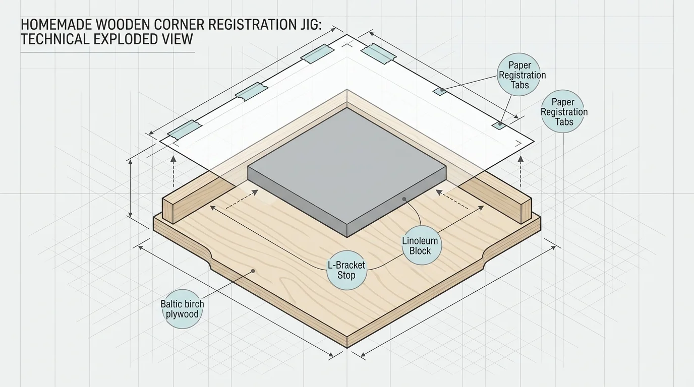 Technical exploded diagram of a homemade wooden corner registration jig with baseboard, stops, block, and paper sheet.