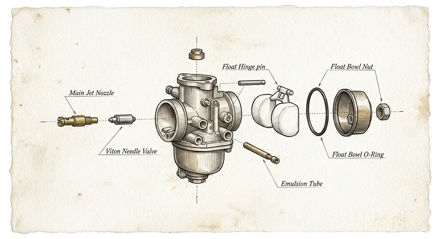 Exploded-view diagram of a carburetor with labeled parts including the main jet, needle valve, float, and bowl.