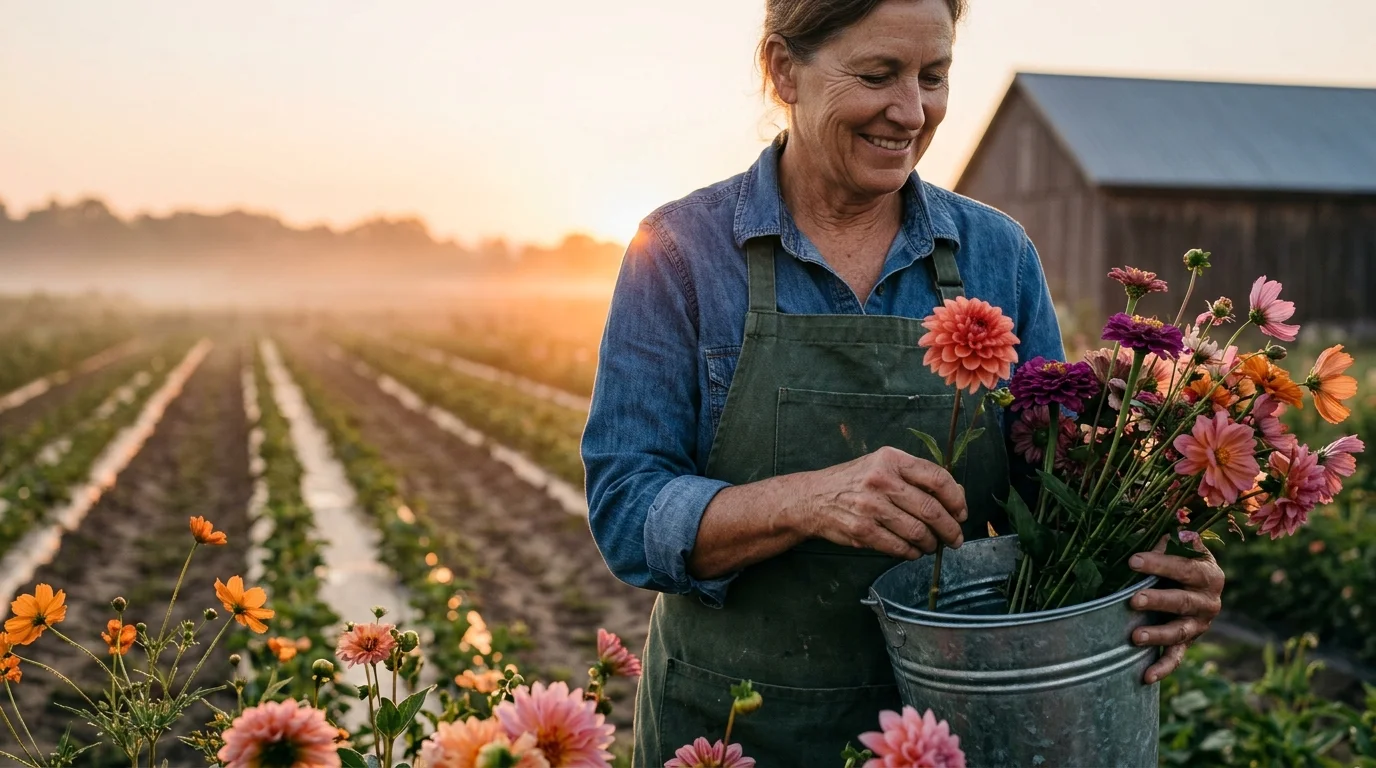 A smiling woman in a green apron holds a galvanized bucket of cut flowers in a field at sunrise.