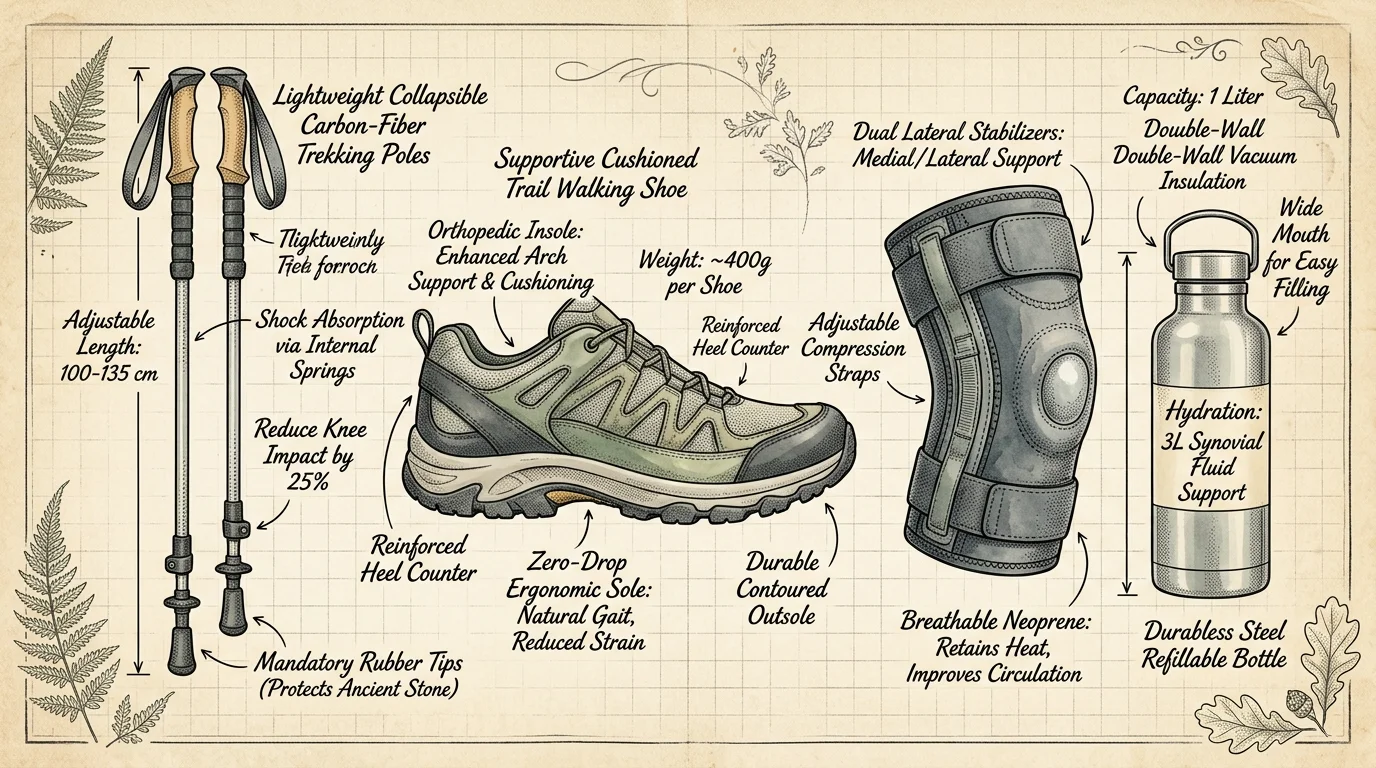Diagram of hiking gear including trekking poles, a trail shoe, a knee brace, and a steel water bottle with labels.