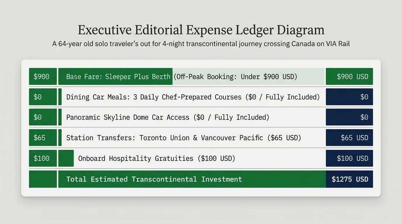 Expense ledger diagram breaking down costs for a 64-year-old solo traveler across six line items totaling $1,275 USD.