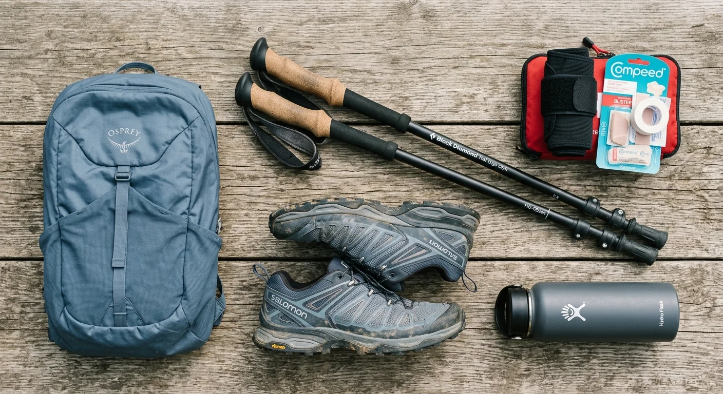 Blue backpack, trekking poles, trail shoes, water bottle, and blister treatment supplies arranged on rustic wooden boards.