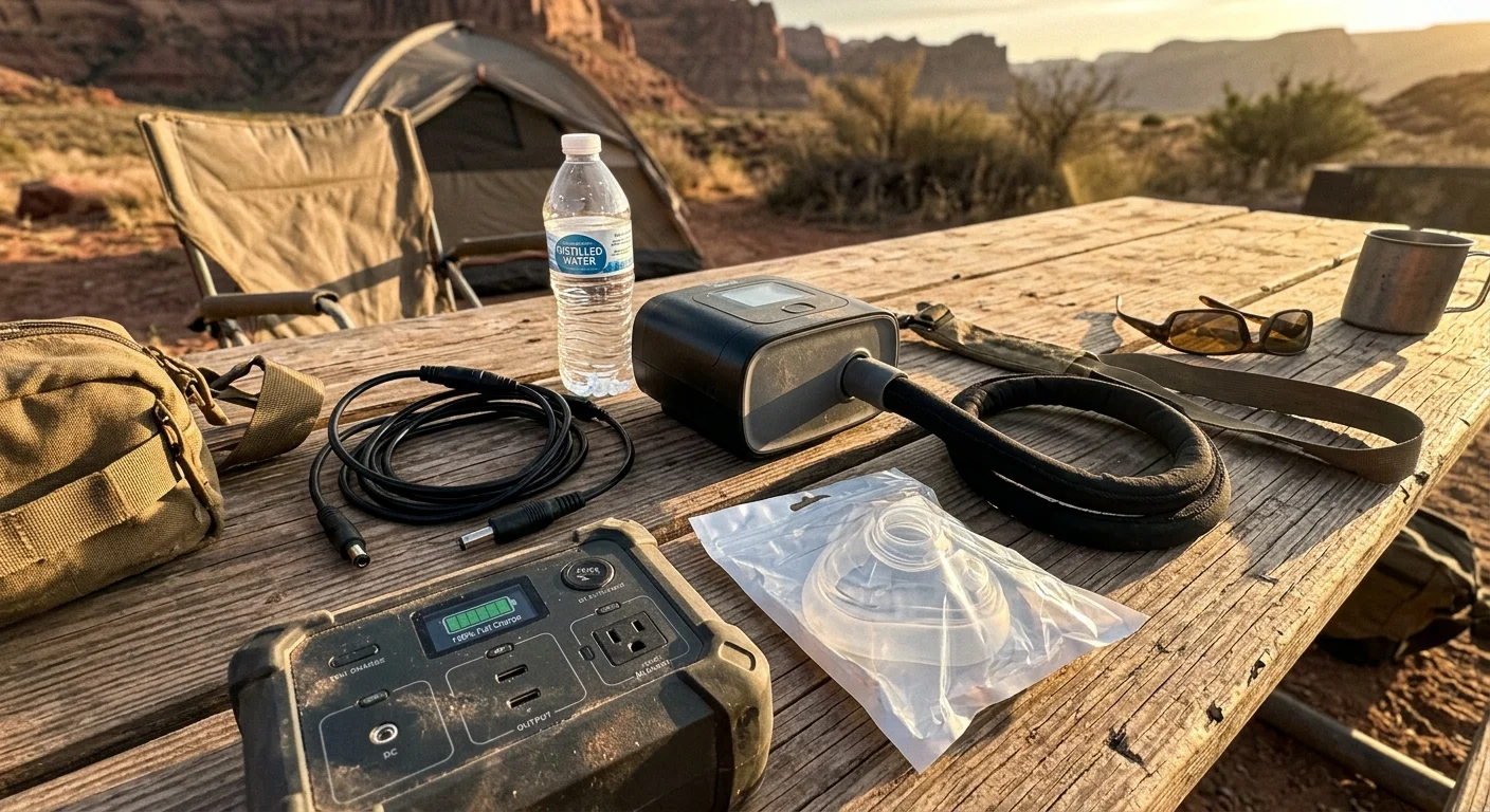 CPAP machine, portable battery pack, cables, mask, and distilled water bottle arranged on a wooden picnic table at a campsite.