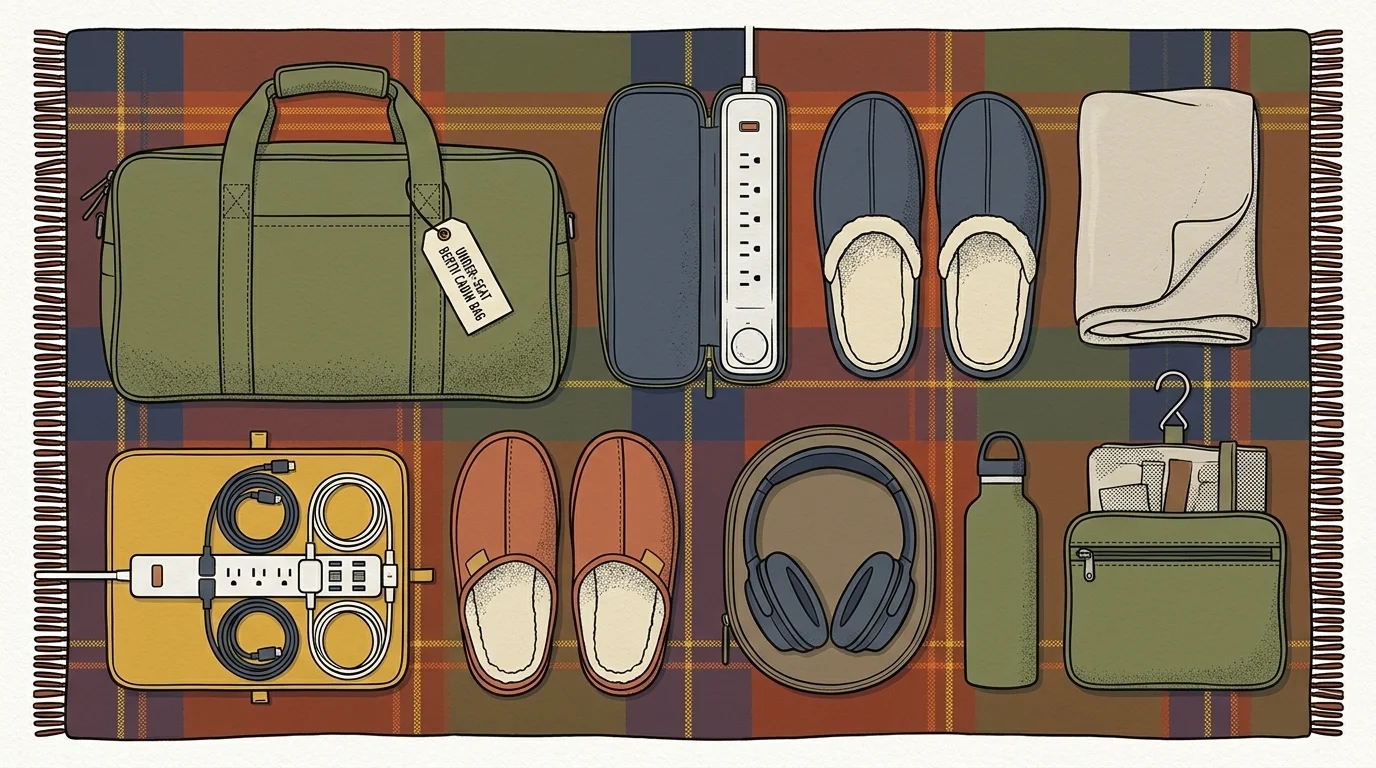 Knolling illustration of travel gear on a plaid blanket, including a green duffel bag, slippers, headphones, and power strips.