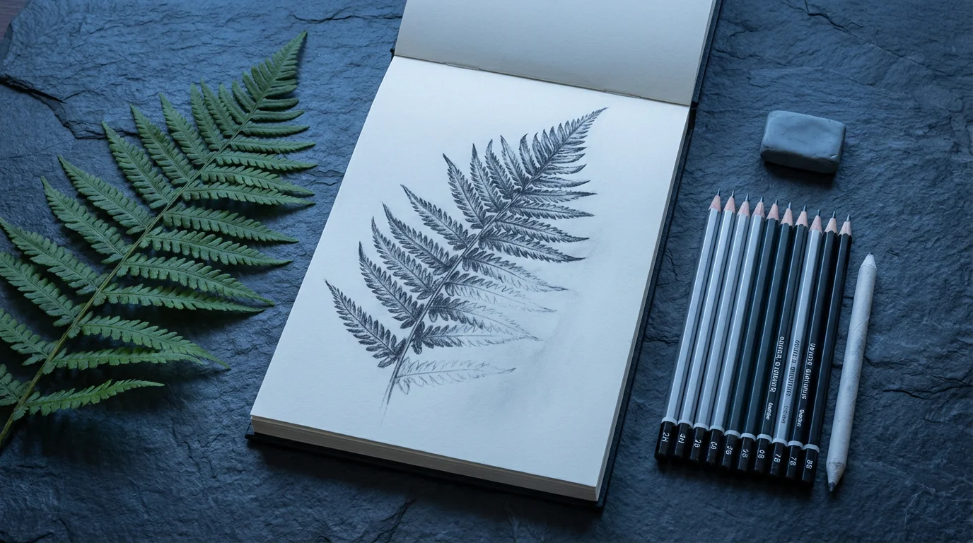 Flat lay of a sketchbook with a charcoal drawing of a fern, surrounded by pencils.