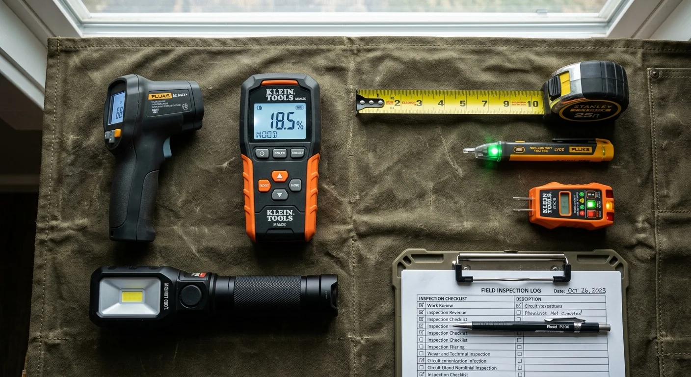 Diagnostic tools including a digital moisture meter, infrared thermometer, tape measure, flashlight, and clipboard.