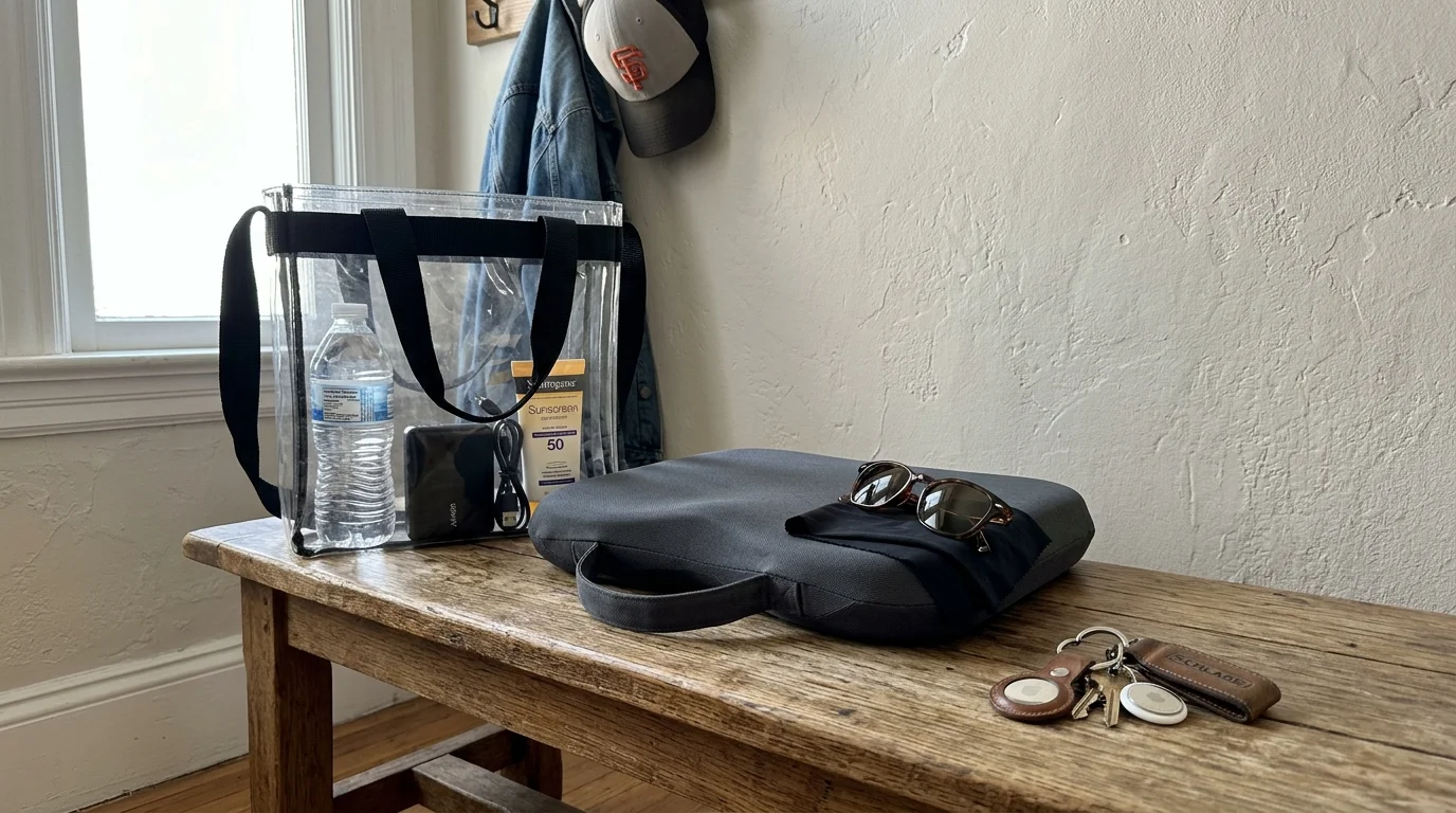 A clear plastic tote bag packed with a water bottle and sunscreen sits on a wooden bench beside a grey seat cushion.