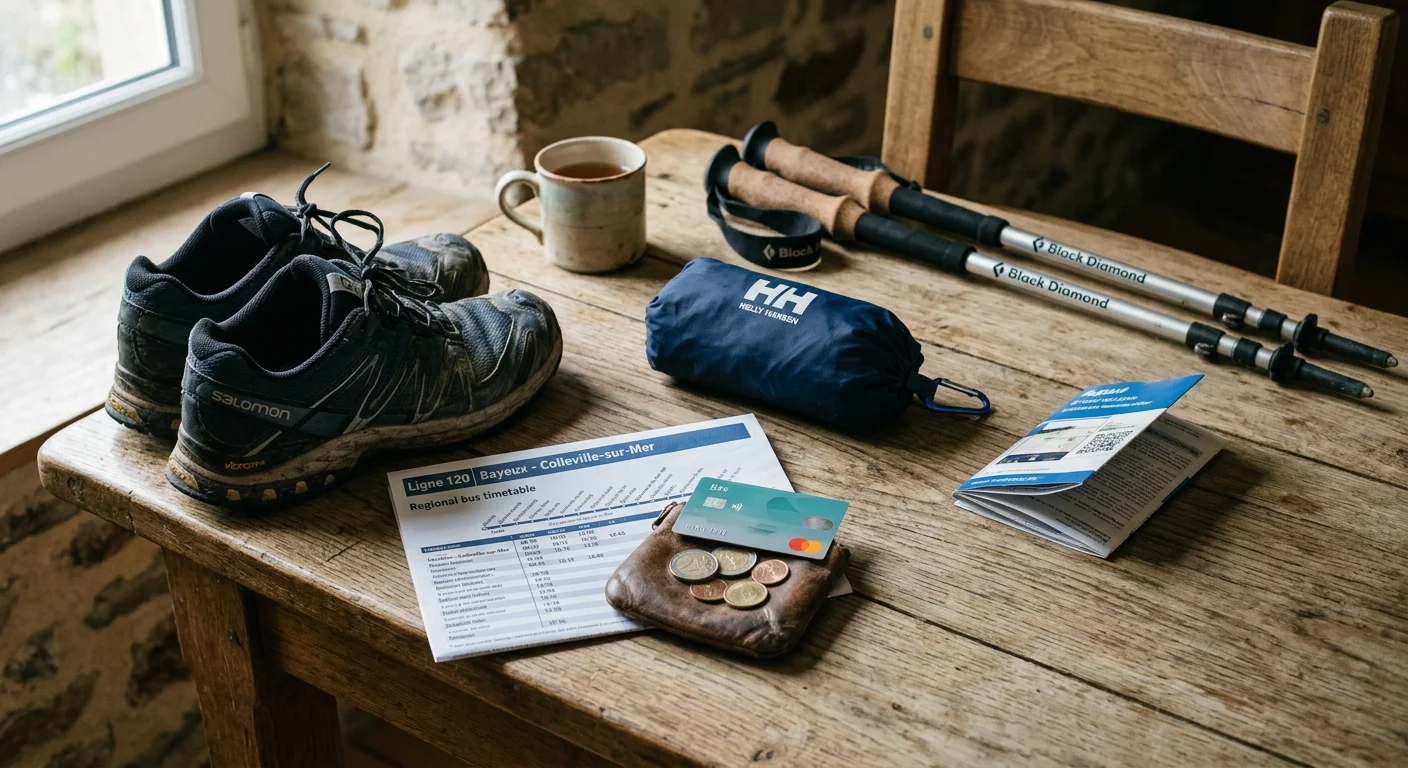 Hiking shoes, walking poles, a bus timetable, a wallet with coins, and a credit card set on a wooden table.