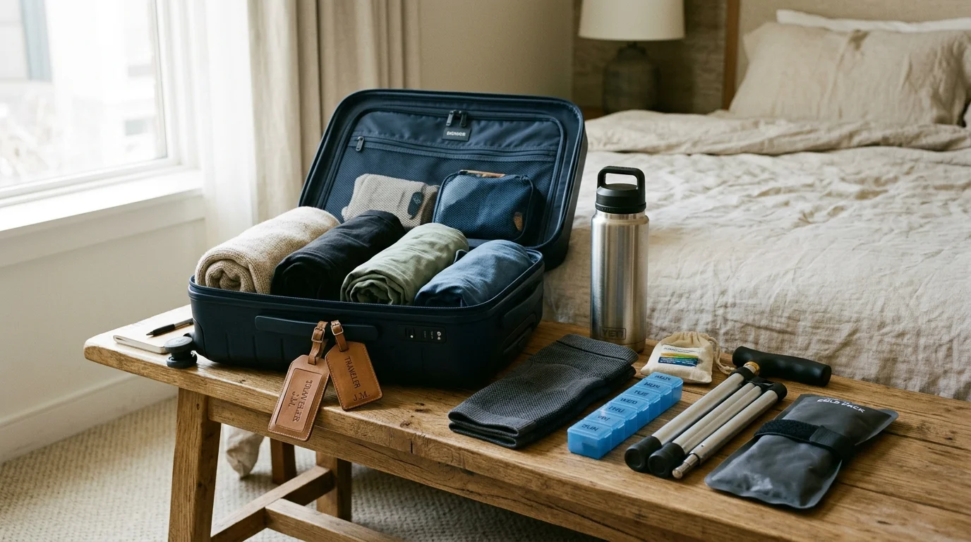 Open suitcase packed with clothes alongside a water bottle, pill organizer, folding cane, cold pack, and knee sleeve.